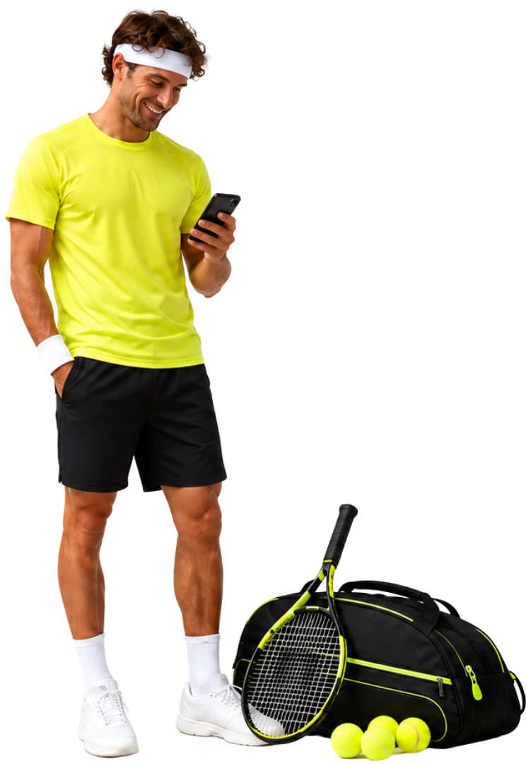 Tennisspieler mit Smartphone, daneben Schlägertasche und Bälle